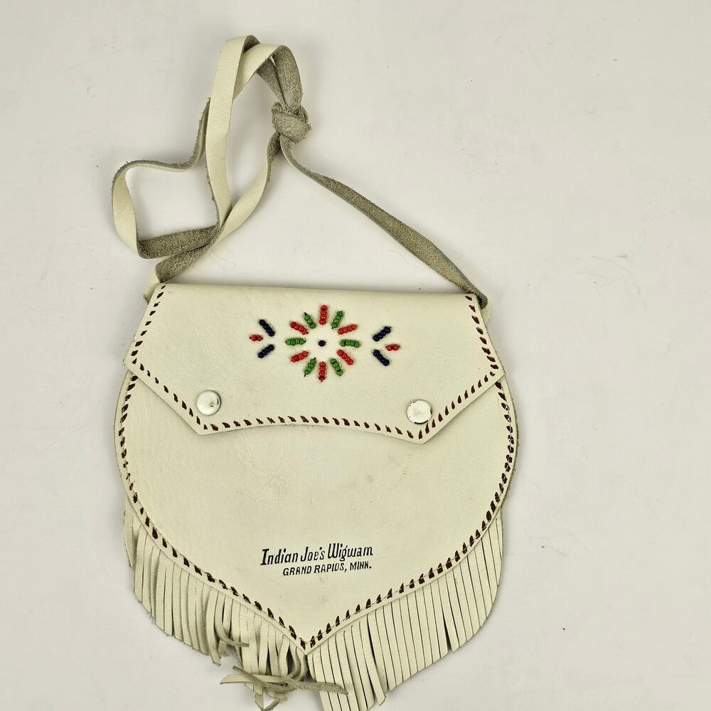 VTG 60s leather childs beaded fringed bag Indian Joes Wigwam Grand Rapids